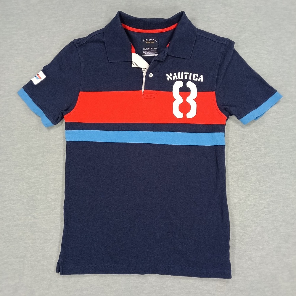 Nautica Boys XL 18/20 Navy Blue Red Striped Graphic 8 Short Sleeve Polo Shirt